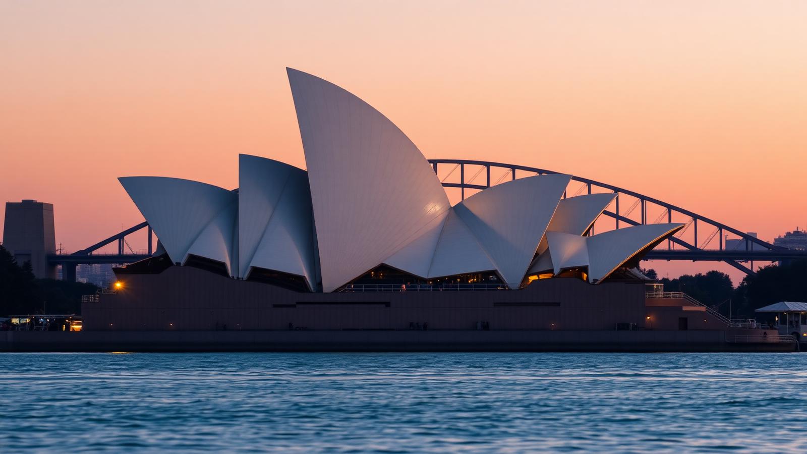 The Sydney Opera House sails glowing at sunset with Sydney Harbour Bridge behind