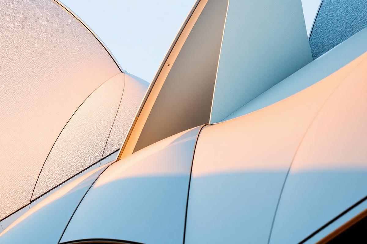 Detail of the Sydney Opera House's white ceramic-tiled sail shells in warm afternoon light